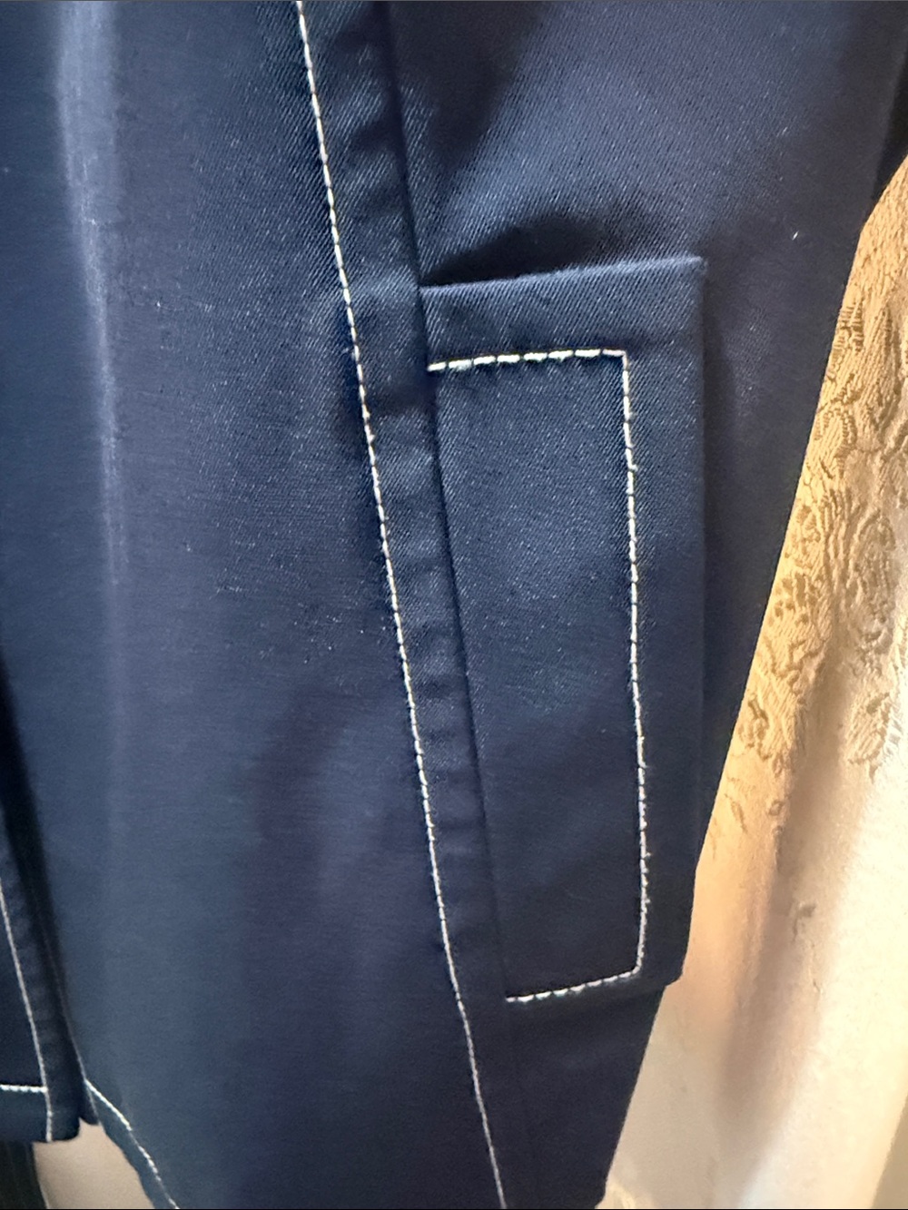 St John Classic Navy Trench Coat with White Stitching and Gold Accents & Belt - Picture 9 of 10